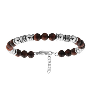 Bracelet en acier boules motifs et boules Oeil de tigre brun foncé longueur 19+3cm