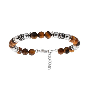 Bracelet en acier boules motifs et boules Oeil de tigre véritable longueur 19+3cm