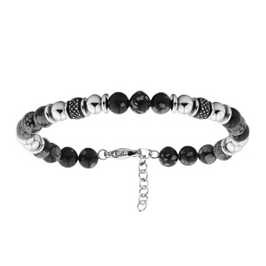 Bracelet en acier boules motifs et boules en Obsidienne véritable longueur 19+3cm