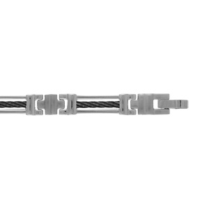 Bracelet en acier alternance de longs maillons ajourés et ornés d’1 câble noir et petits éléments en forme de croix – longueur 20,5cm + 1.5cm réglable par double fermoir