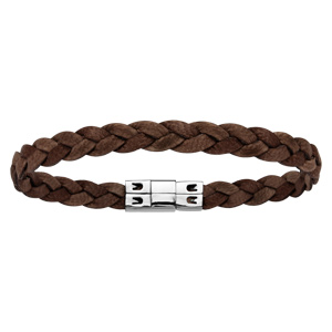Bracelet en cuir marron foncé finement tressé et acier - longueur 18,5cm