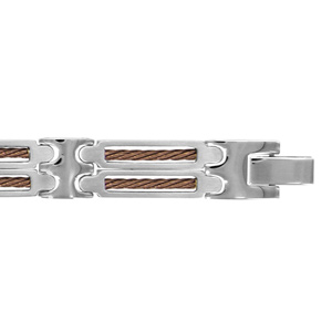 Bracelet en acier maillons ornés de 2 câble marrons séparés – longueur 20,5cm + 1.5cm réglable par double fermoir
