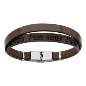 Bracelet en cuir marron et acier 2 tours avec message caché « Jamais l’un sans l’autre » – longueur 20cm réglable