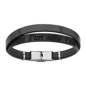 Bracelet en cuir noir et acier 2 tours avec message caché Jamais l'un sans l'autre - longueur 20cm r