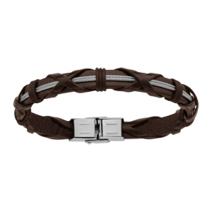 Bracelet en cuir marron avec lannières croisées et 2 câbles en acier - longueur 21cm