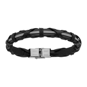 Bracelet en cuir noir avec lannières croisées et 2 câbles en acier – longueur 21cm