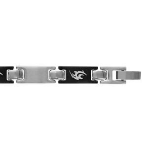 Bracelet en acier alternance de maillons gris et en PVD noir avec gravure d’un motif tribal – longueur 21cm réglable