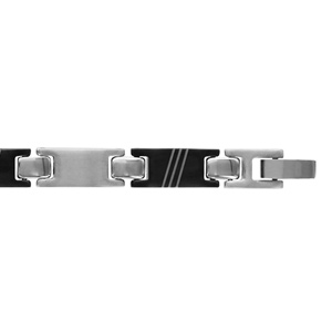 Bracelet en acier alternance de maillons gris et en PVD noir avec gravure de 3 stries en biais – longueur 21cm réglable