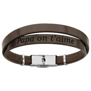 Bracelet en cuir marron et acier 2 tours avec message caché « Papa on t’aime » – longueur 20cm réglable