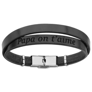 Bracelet en cuir noir et acier 2 tours avec message caché « Papa on t’aime » – longueur 20cm réglable