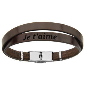 Bracelet en cuir marron et acier 2 tours avec message caché Je t'aime - longueur 20cm réglable