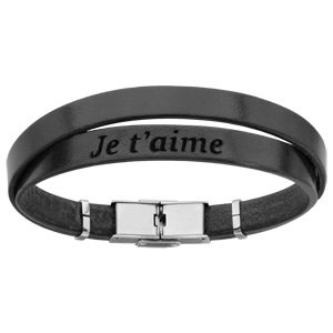 Bracelet en cuir noir et acier 2 tours avec message caché « Je t’aime » – longueur 20cm réglable
