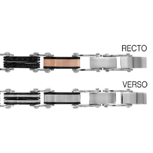 Bracelet réversible en acier 1 côté alternance de maillons en PVD rose et maillons dentelés noirs et