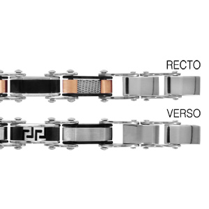Bracelet réversible en acier 1 côté alternance de maillons en PVD noir et maillons avec PVD rose et quadrillage et l’autre côté alternance de maillons lisses et maillons en PVD noir avec méandre grec gravé – longueur 18.5+1.5cm réglable