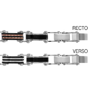 Bracelet réversible en acier 1 côté alternance de maillons en PVD noir et maillons rayés noirs et PVD rose et l’autre côté alternance de maillons en PVD noir et maillons rayés gris et noirs – longueur 19.5+1cm réglable