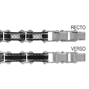 Bracelet réversible en acier 1 côté en PVD noir aux bords avec filet gris et centre quadrillé et l’autre côté en PVD noir avec filets gris – longueur 19+1cm réglable