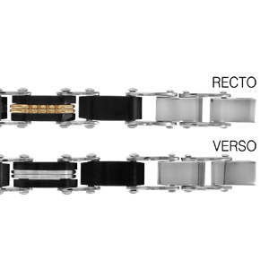 Bracelet réversible en acier 1 côté alternance de maillons en PVD noir et maillons avec bords noirs et PVD jaune au milieu et l’autre côté maillons en PVD noir et maillons avec bords noirs et milieu gris – longueur 19+1cm réglable