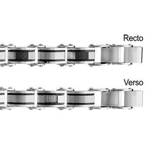 Bracelet réversible en acier 1 côté alternance de maillons avec liserets noirs et carbone quadrillé