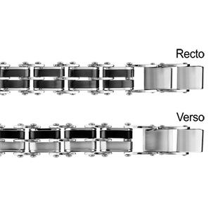 Bracelet réversible en acier 1 côté maillons en 2 bandes de PVD noir avec bords gris et l’autre côté maillons avec une bande grise et l’autre en PVD noir – longueur 20.5+1cm réglable
