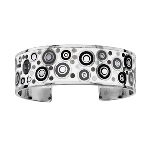 Bracelet Stella Mia rigide en acier motifs spirales et noir et blanc avec nacre blanche véritable – diamètre 59mm