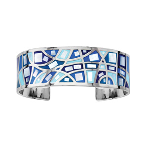 Bracelet Stella Mia rigide en acier motifs géométriques et dégradé de bleu avec nacre blanche véritable – diamètre 59mm