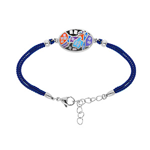 Bracelet Stella Mia en acier cordon bleu marine et pastille ovale avec visage multi couleurs et Nacre  16+3cm