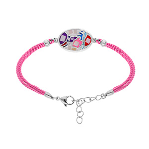 Bracelet Stella Mia en acier cordon rose et pastille ovale avec visage multi couleurs 16+3cm