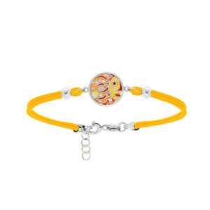 Bracelet Stella Mia en acier cordon jaune avec pastille ronde motif soleil jaune orangé avec Nacre  16+3cm