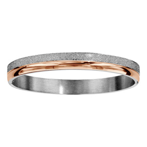 Bracelet jonc en acier et PVD rose articulé 2 bandes lisses et granités