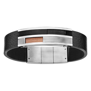 Bracelet en cuir noir avec plaques rectangulaires et ouvertures sur câbles roses et noirs – longueur 20cm + 1cm