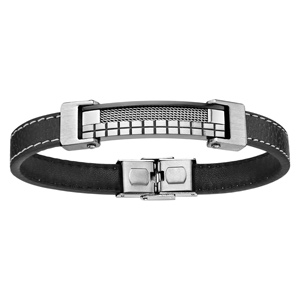 Bracelet en cuir noir avec coutures et plaque en acier ornée de quadrillages au milieu – longueur 21,5cm réglable