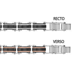 Bracelet réversible en acier 1 côté en PVD noir avec liserets gris et l’autre côté noir avec liserets en PVD rose – longueur 19,5+1cm réglable par double fermoir
