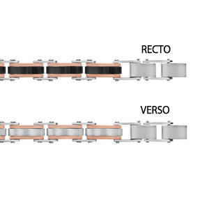 Bracelet réversible en acier 1 côté maillons en PVD noir avec bords en PVD rose et l’autre côté gris avec bords roses – longueur 19.5+1cm réglable par double fermoir