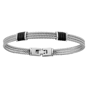 Bracelet en acier 3 câbles gris entourés à 2 endroits de câbles noirs plus petits – longueur 20cm