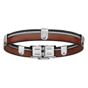Bracelet en cuir marron avec 1 câble en acier gris et 1 noir – longueur 20cm