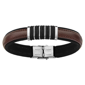 Bracelet en acier et cuir marron avec éléments lisses et noirs au milieu – longueur 20cm