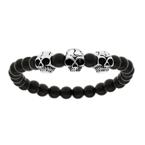 Bracelet en acier avec boules en pierre de lave noire brillante et 3 tête de mort – longueur 22cm