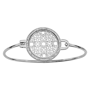 Bracelet jonc en acier avec cercle en résine orné de strass blancs et motif filigrané au milieu
