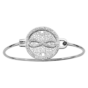 Bracelet jonc en acier avec cercle en résine orné de strass blancs et motif filigrané au milieu avec symbole infini en résine et strass blancs au centre