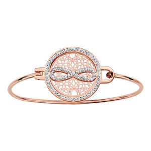 Bracelet jonc en acier et PVD rose pastille filigranée avec symbole infini empierré