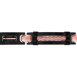 Bracelet en acier et PVD noir plaque et gros câble PVD rose 21,5 cm (réglable en 20,50 et 19 cm) triple fermoir