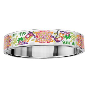 Bracelet Stella Mia articulé en acier et nacre blanche véritable avec motifs colibris jaunes et violets – taille 62mm X 56mm