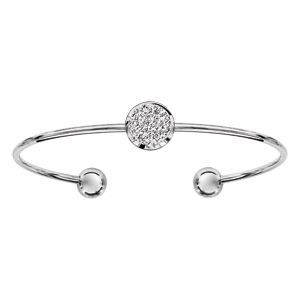 Bracelet jonc en acier ouvert avec pastille effet givré et boule lisse à chaque extrémité