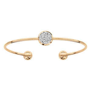Bracelet jonc en acier et PVD jaune ouvert avec pastille effet givré et boule lisse à chaque extrémité