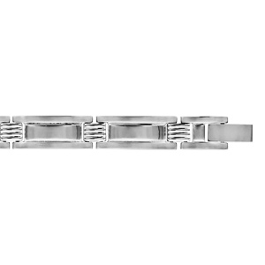 Bracelet en acier alternance de maillons lisses avec rectangle au centre et éléments striés – longueur 19,5cm + 1,5cm réglable par double fermoir