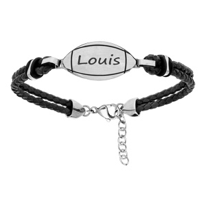 Bracelet junior en acier et cuir double rang noir avec ballon de rugby 16+3cm