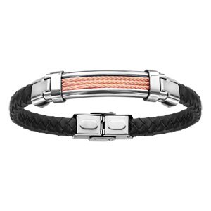 Bracelet en acier et cuir noir tresse 3 rangs câble rose 21cm réglable