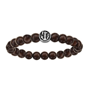 Bracelet en acier élastique perles en bois marron motif marin patiné Recto/Verso