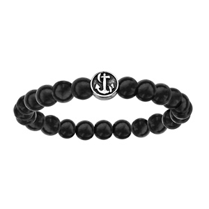 Bracelet en acier élastique perles en bois noir motif marin patiné Recto/Verso