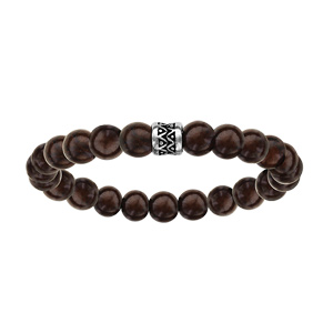 Bracelet en acier élastique perles en bois marron motif patiné